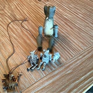 Wooden Elephant and Safari Animal Blue/Gray for bath room decor & nencklace